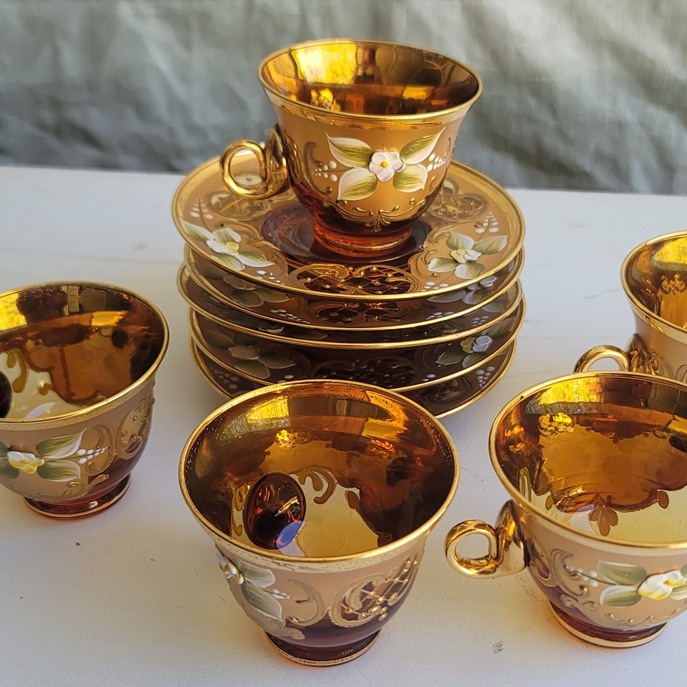 Murano Gold and Cream Floral Tea Cup Set